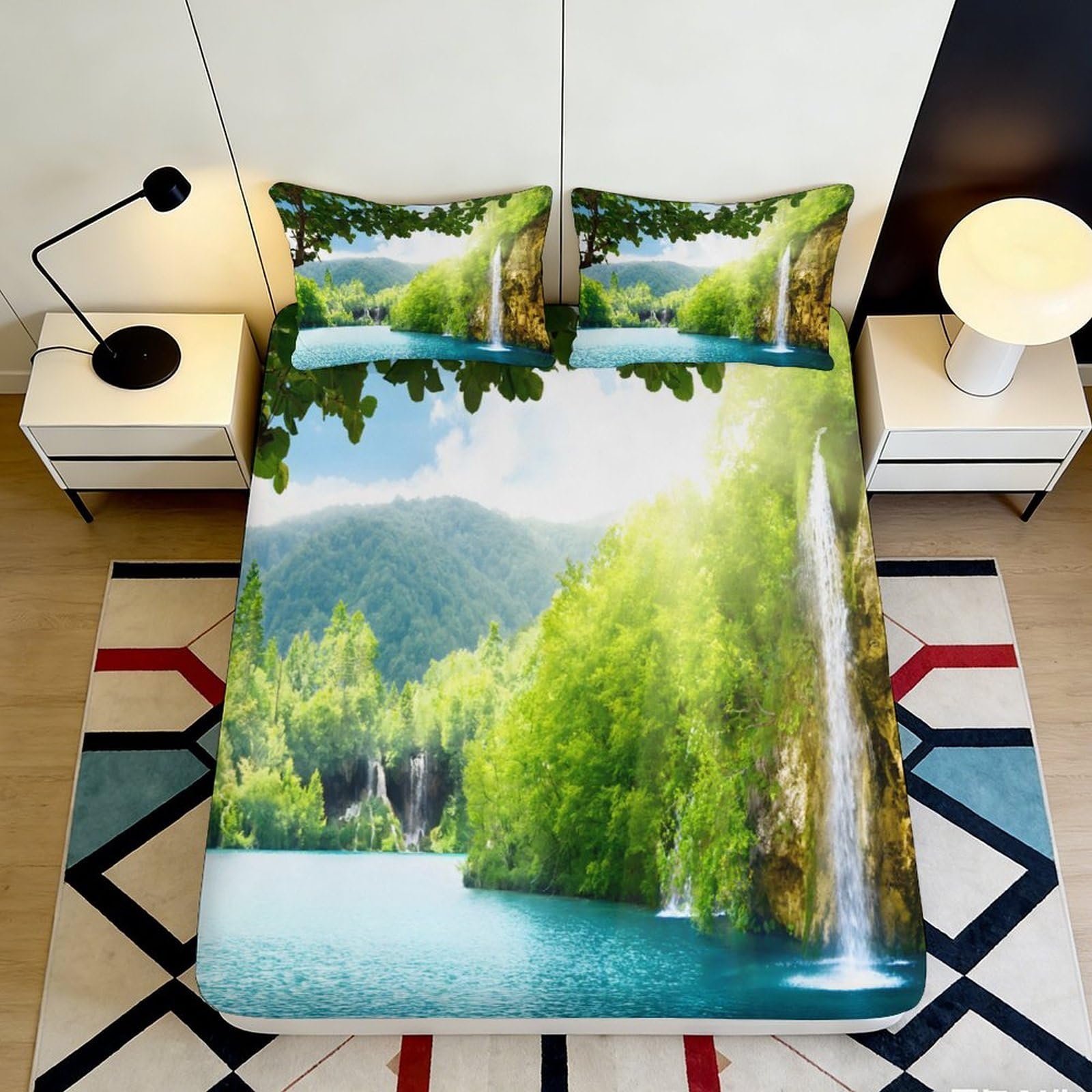 3D Printed Waterfall Forest Fitted Sheet Microfiber Soft Mattress Cover Scenic Lake for Bedroom Guest Room Decor 200x200x25cm