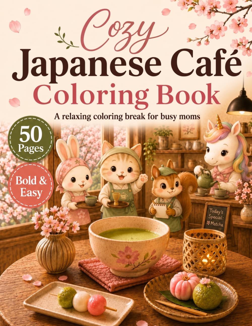 Cozy Japanese Animal Cafe Coloring Book: Big, Bold and Easy Coloring Pages with Cute Animals, Matcha, Kakigori and Wagashi