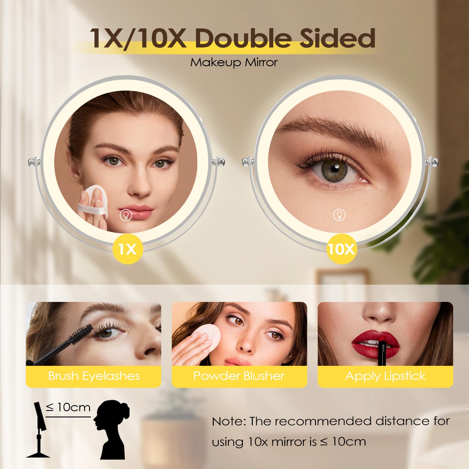 Miroir De Maquillage Avec Lumières, XRR Dimmable Miroir Lumineux Avec Écran Tactile Recharge USB LED Miroir Coiffeuse Pour Voyage, Maquillage, Cadeaux