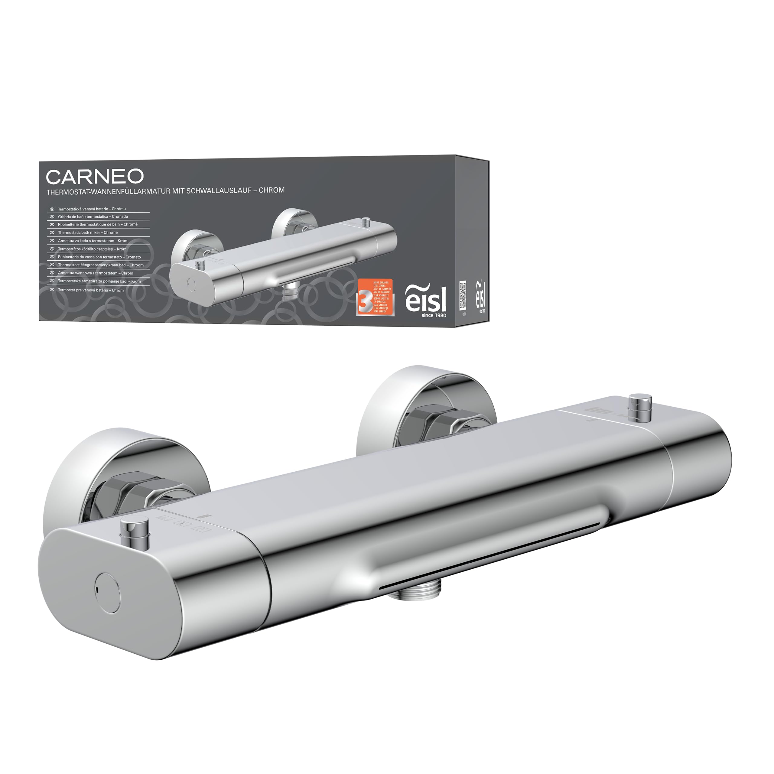 EISL 1330090 CARNEO, rubinetto vasca da bagno, miscelatore con controllo termostatico, bocca a cascata, blocco di sicurezza a 38°C, miscelatore vasca da bagno, cromo