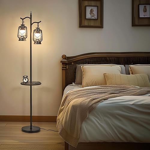 Miniatura 4 de Lámpara de pie estilo granja con mesa, linterna vintage de doble cabezal, lámpara de pie para sala de estar, dormitorio, lámpara de pie rústica con