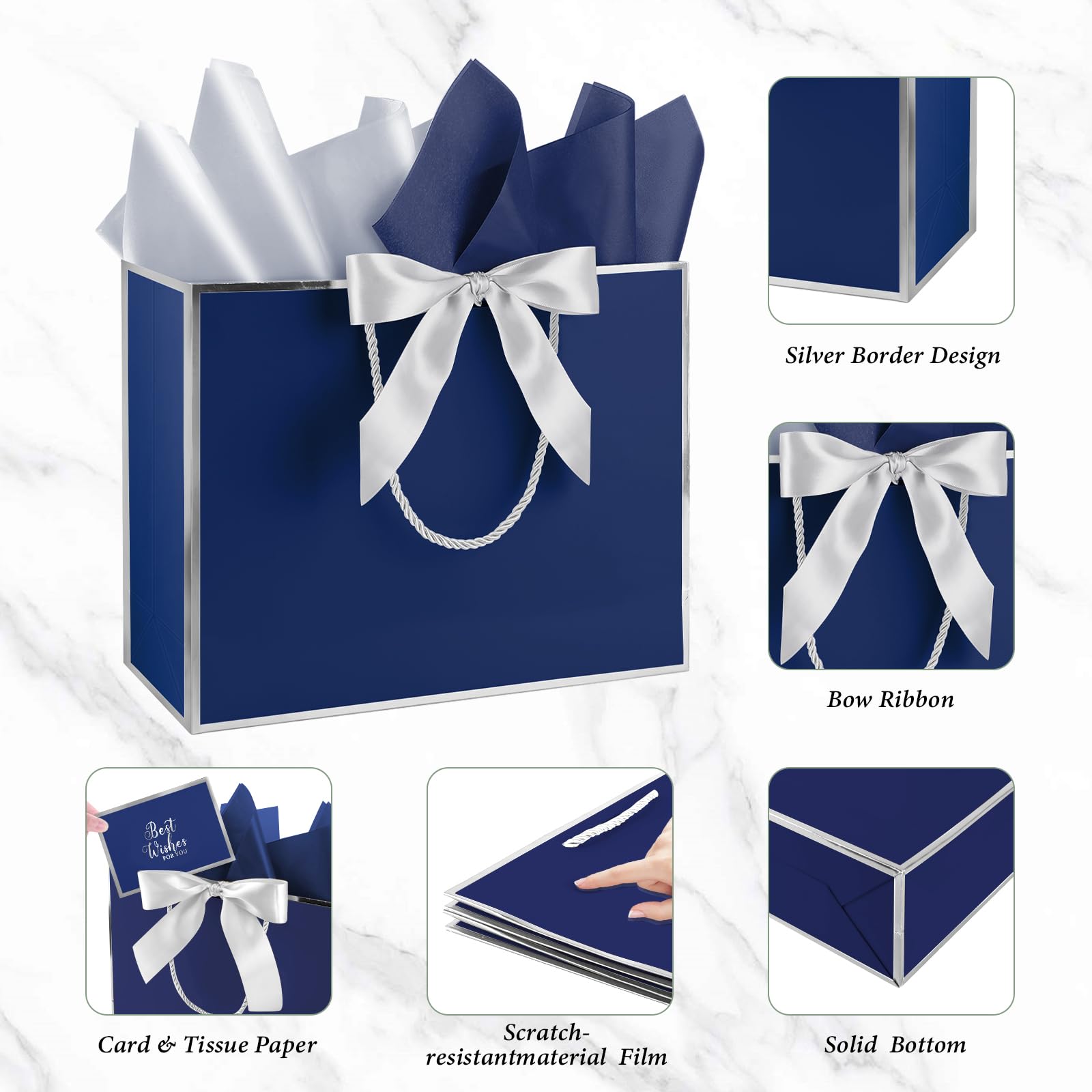 Addblu 12 Pack Large Navy Blue Gift Bags with Handles, 12.6x10x4'' Includes 36 Tissue Papers, Bow Ribbon & Cards for Wedding, Birthday, Bridesmaid, Groomsmen, Valentine's Day, Easter (Blue and Silver, 12pcs)
