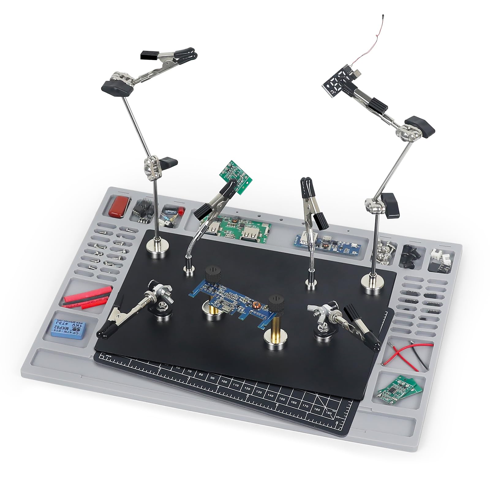 Magnetic Helping Hands Soldering Station for PCB Repair, Large Base with Heat-Resistant Mat, 6 Flexible Arms, 2 Magnetic Posts – Professional Third Hand Tool for Electronics &amp; DIY