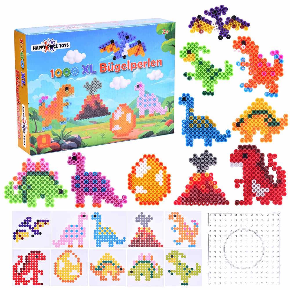 1000 Maxi XL 10 mm Ironing Beads with Pegboard and 10 Dino Patterns and 3 Ironing Paper. Creative Bead Set for Crafts for Children from 3 Years