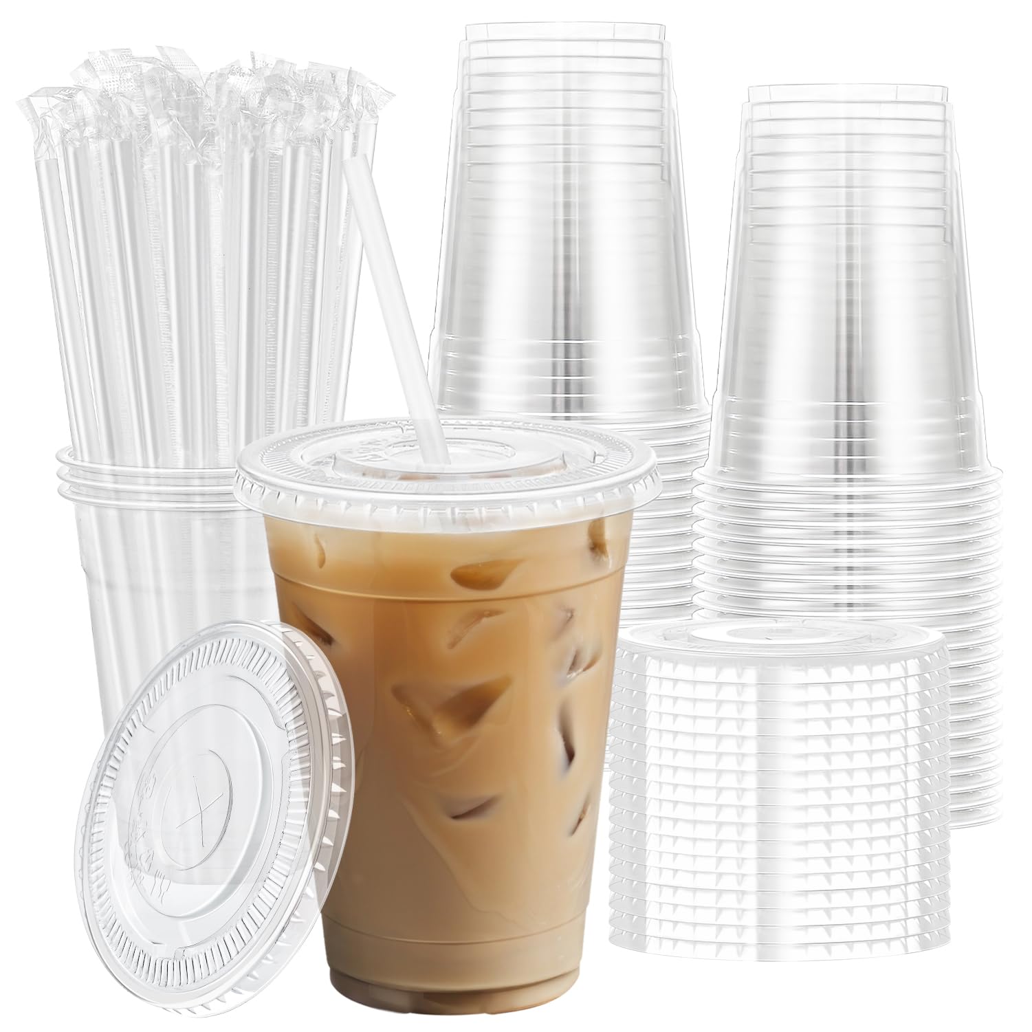 12 oz 100 Pack Plastic Cups with Lids and Straws, Sturdy Food Safe Iced Clear Coffee Cups Disposable Smoothie Cups for Cold Drinks
