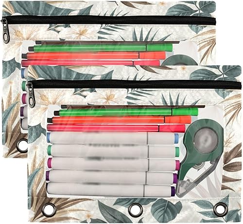 Miniatura 2 de Kcldeci Paquete de 2 bolsas para lápices para carpeta de 3 anillos, hojas de palma verde tropical, salvia, hibisco, flores, estuche para lápices,