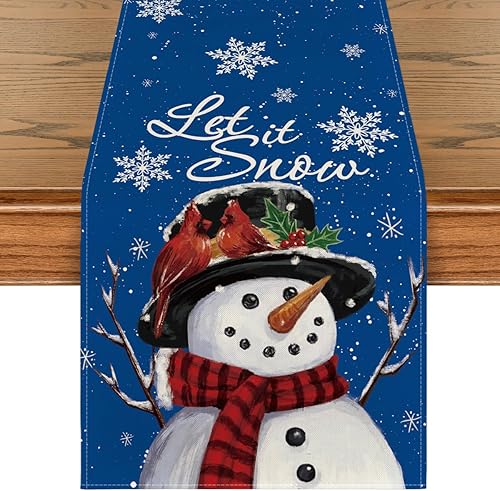 Artoid Mode Camino de mesa de invierno con diseño de muñeco de nieve azul Let It Snow para decoración de mesa de comedor de Navidad de temporada