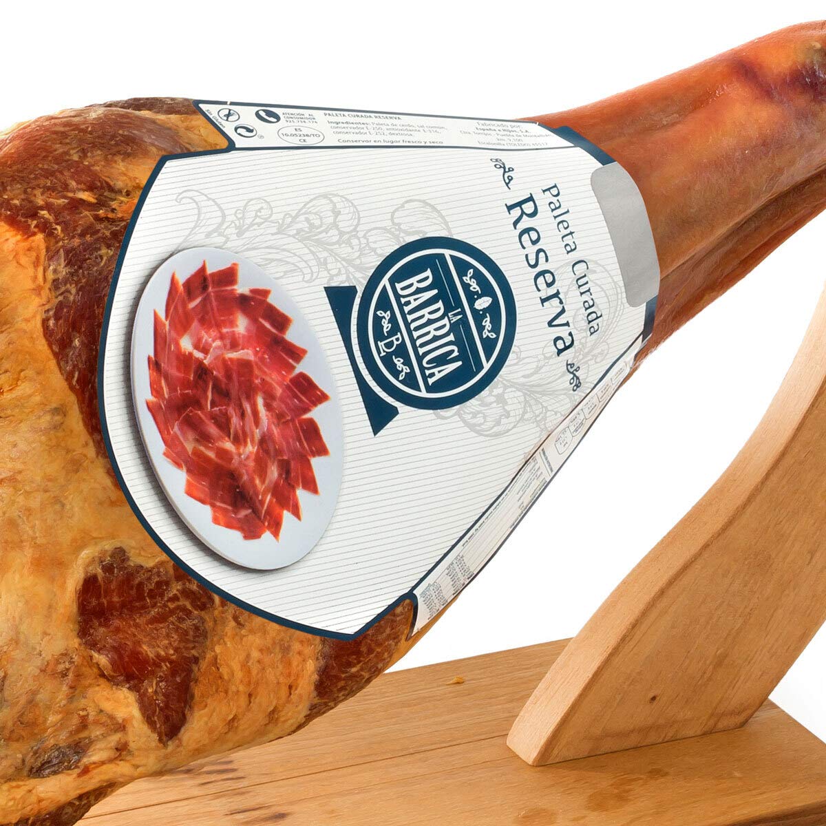 Schinken-Set mit Schinkenständer und Messer | Serrano-Schinken Paleta Reserva Barrica | Vorderschinken aus Spanien | 12 Monate luftgetrocknet und gereift | Von Jamones España | Stückgewicht 4,5kg