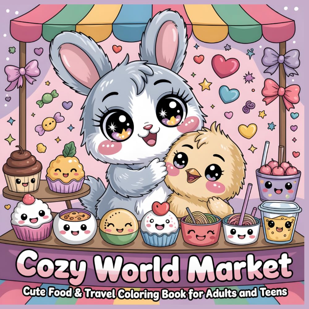 Cozy World Market: Cute Food & Travel Coloring Book for Adults and Teens