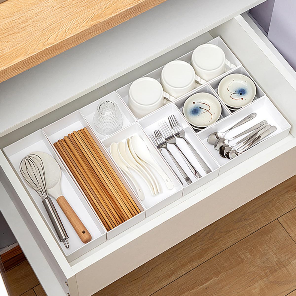 Besteckkasten und Multi Function Aufbewahrungsbox aus Weißem Pp Kunststoff 6 Stück mit Schubladeneinsätzen für Küchenutensilien und Gewürze