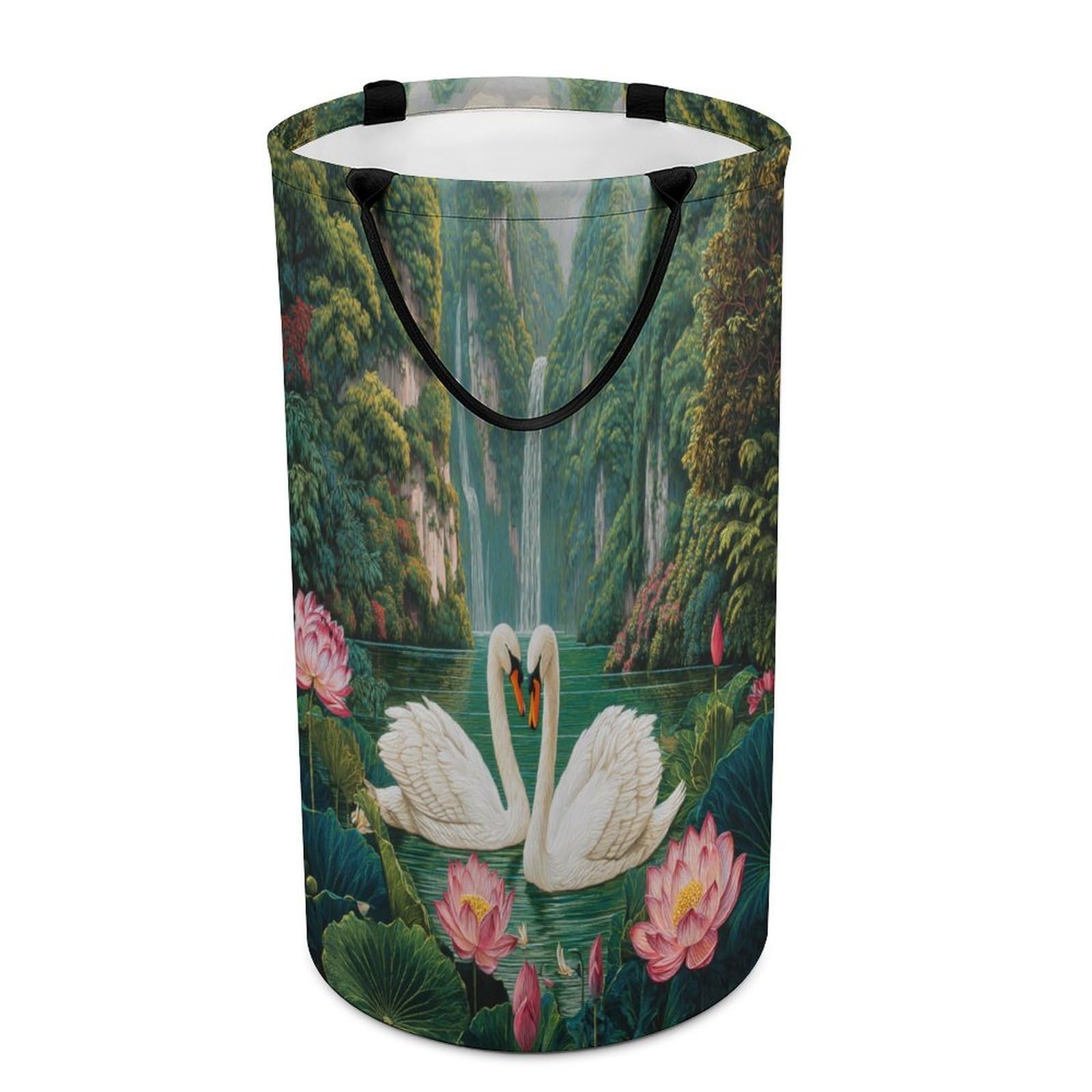LUYYSKY Fantasy Realistic Swans Couple Versatile Storage Laundry Basket, Beautiful Abstract Waterfall Animals Swans Plants Lotus Floral Large Capacity Bathroom Hamper With Handle