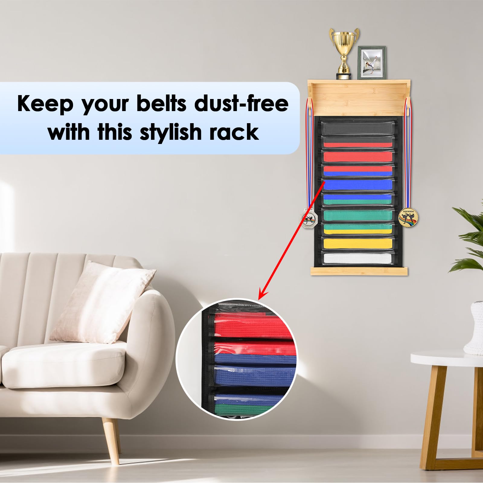 SUMNACON Support de ceinture d'arts martiaux avec porte-médailles, résistant à la poussière, pour taekwondo, karaté, porte-trophées, porte-médailles à suspendre pour apprenant Jiu Jitsu (sans