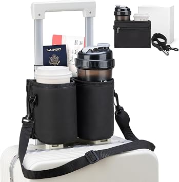 Luggage Cup Holder Travel Drink Bag Luggage Drink Caddy with Shoulder Strap, Thermal Insulation and Zipper Pocket, Travel Accessories Gifts for Flight Attendants, Fits Roll on Suitcase Handles Black