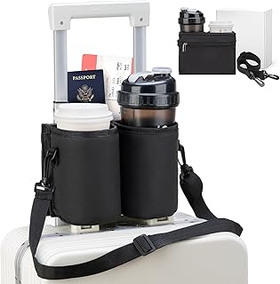 Luggage Cup Holder Travel Drink Bag Luggage Drink Caddy with Shoulder Strap, Thermal Insulation and Zipper Pocket, Travel Accessories Gifts for Flight Attendants, Fits Roll on Suitcase Handles (Black)
