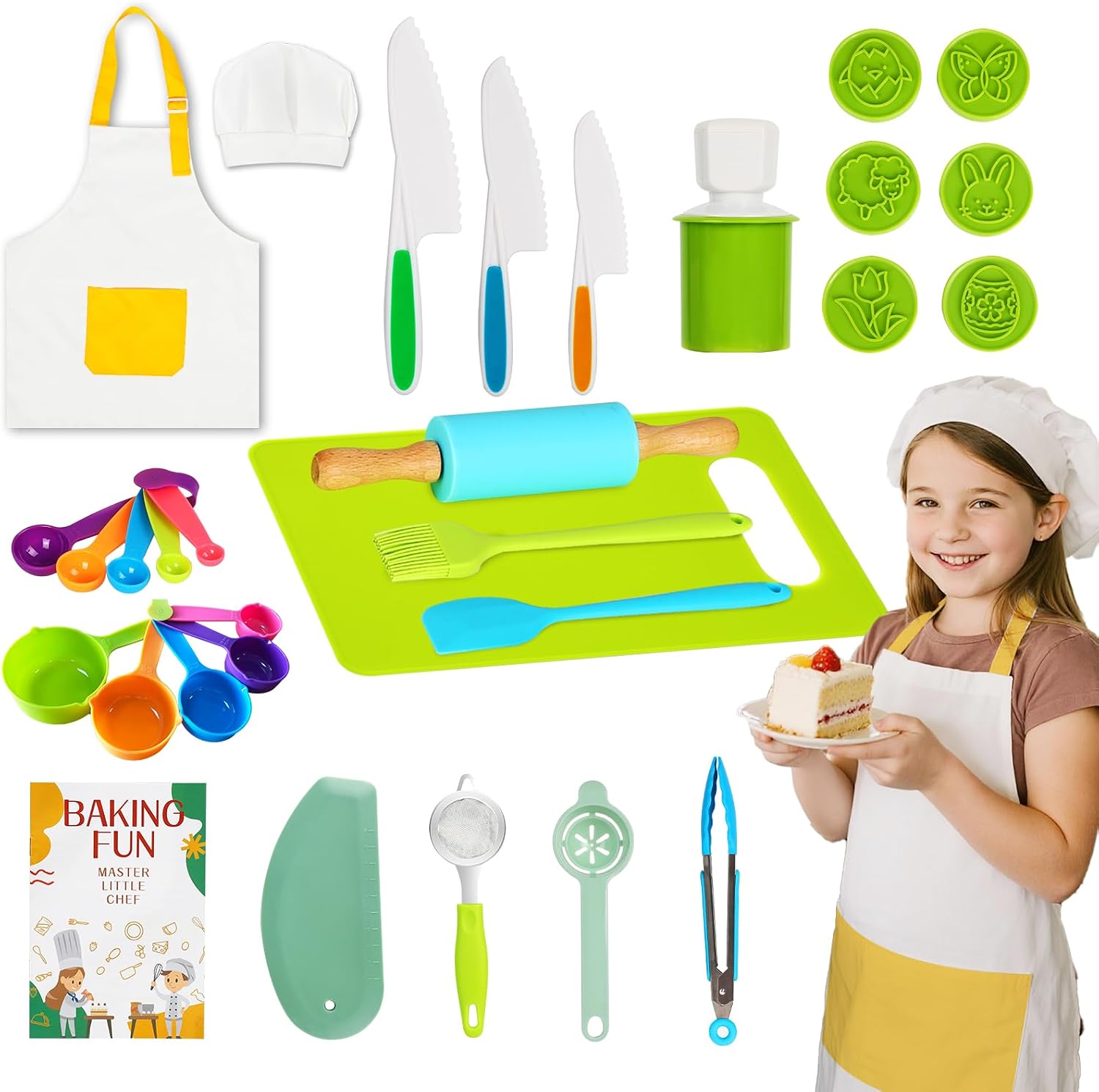 32 pcs Kids Cooking&Kids Baking Sets，for Real Cooking Baking，Montessori Kitchen Tools for Toddlers，with Chef's hat and Apron, A Role-Playing Gift for Boys and Girls Aged 3+ Years Old