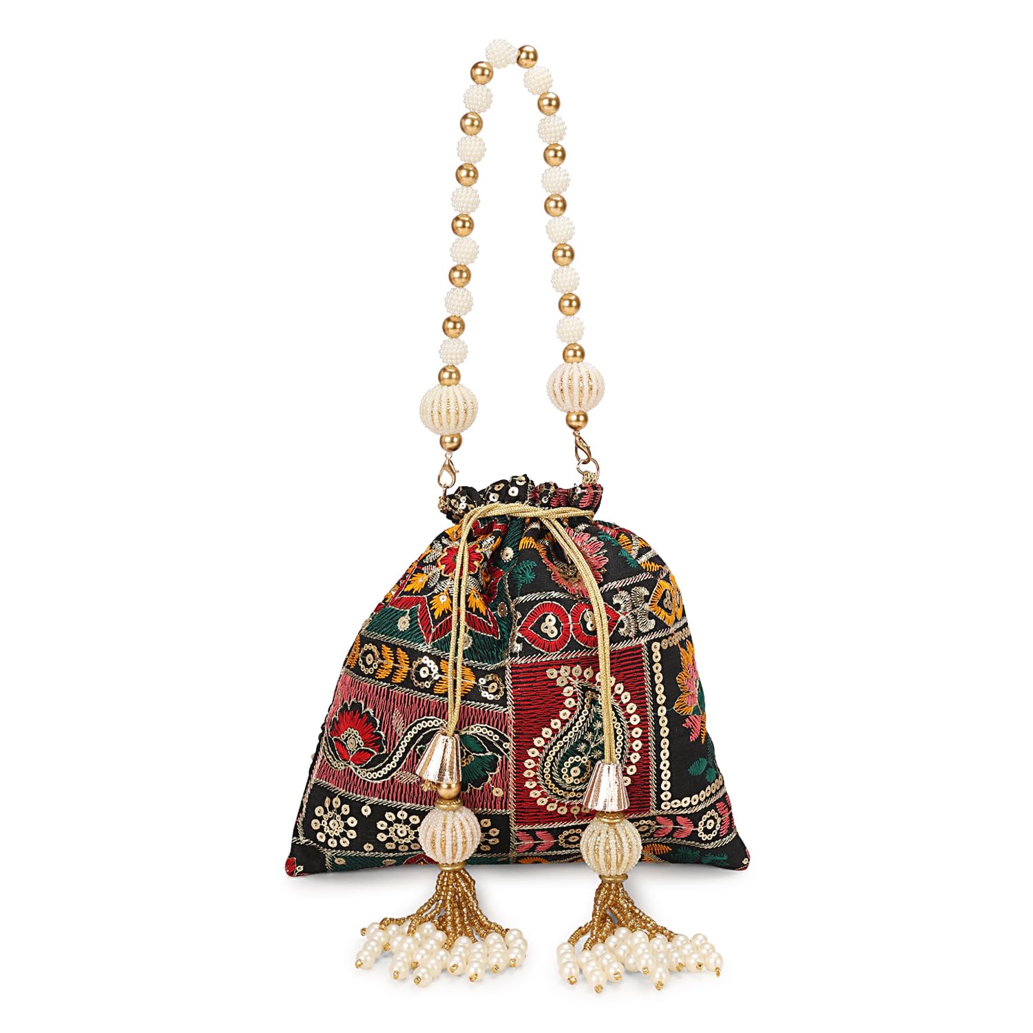 longing to buy Floral Potli Bag, 8.5 Inch x 8.5 Inch, Traditional Wedding Gift Purse with Pearl Beaded Handle, Sequined Floral Pattern-picture-44