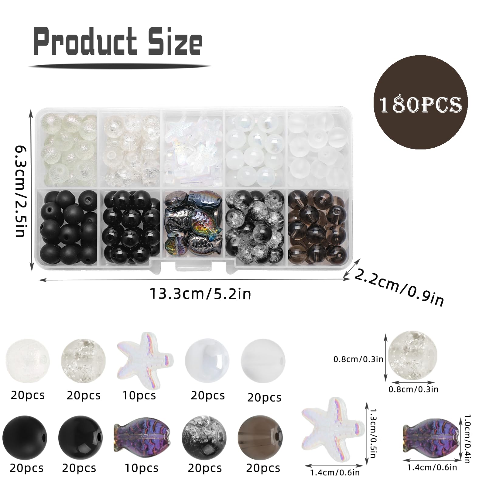 Glass Beads, Pack of 180, 8 mm Colourful Glass Beads, Crackle Glass Beads, Round with Holes - Image 2