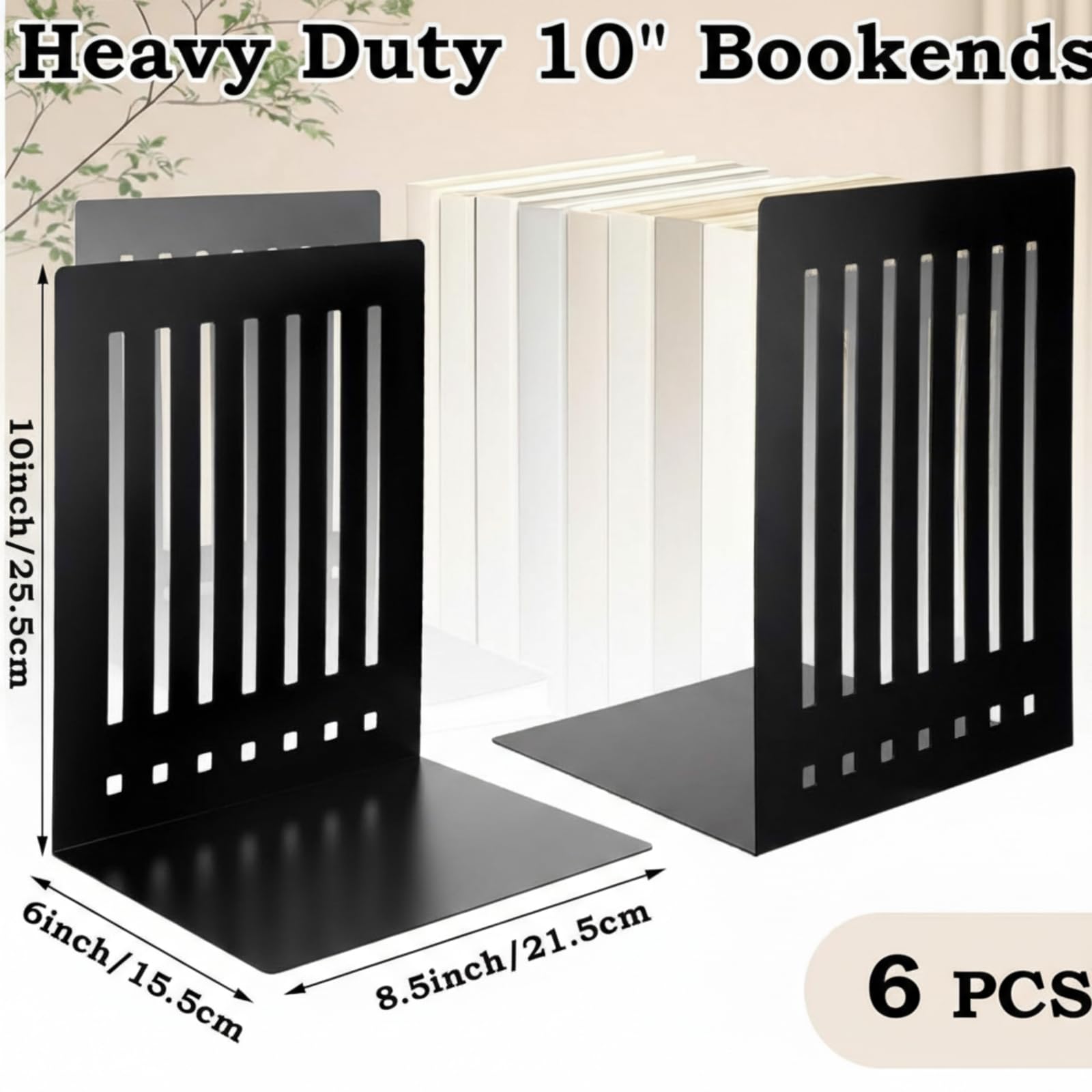 6 sujetalibros resistentes, base antideslizante, tope grande y resistente para oficina, libros, discos de vinilo, estantes (negro, 25,4 cm)