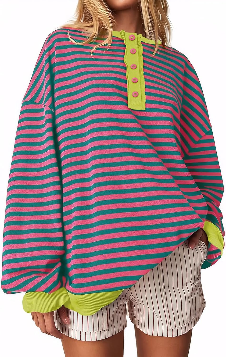 UEU Women Oversized Striped Sweatshirt Color Block Button Down Pullover Fashion Trendy Long Sleeve Crewneck Loose Shirt Pink Green X-Large