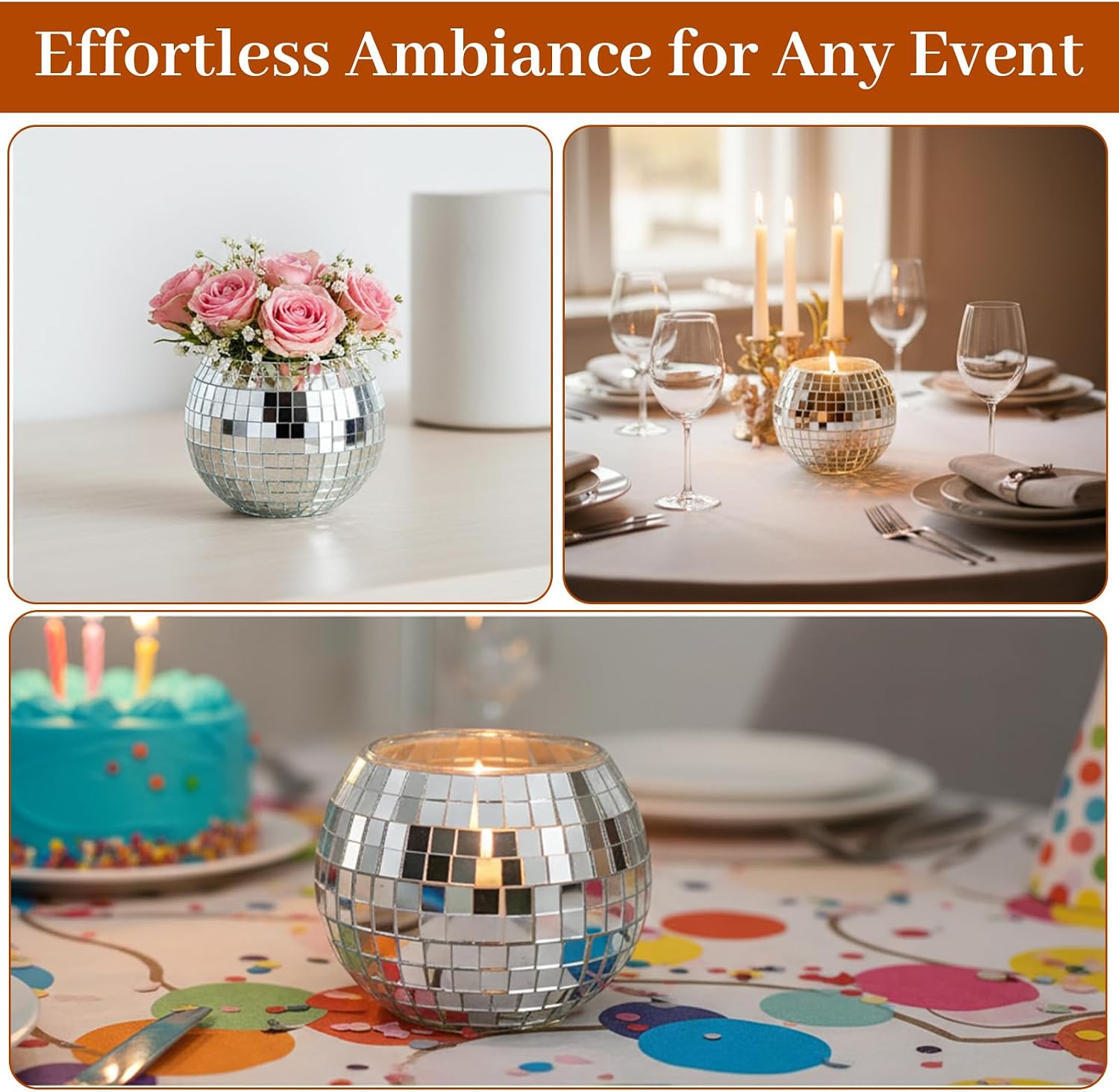6 Pcs Disco Ball Candle Holder Set, Silver Mirror Glass Tea Light Holders for Wedding Party Centerpiece, Home Table Decor, Christmas NYE Celebration