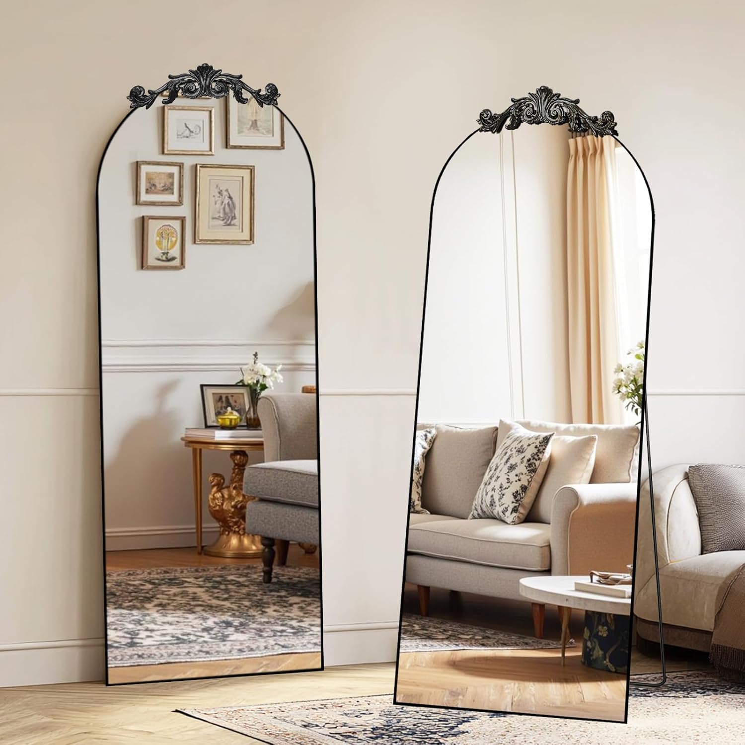 MISSDAY Vintage Black Full Length Mirror, 65"X24" Baroque Antique Large Arched Full Body Mirror Freestanding with Carving Top, Full Metal Frame Stand Up Retro Mirrors for Bedroom Living Room