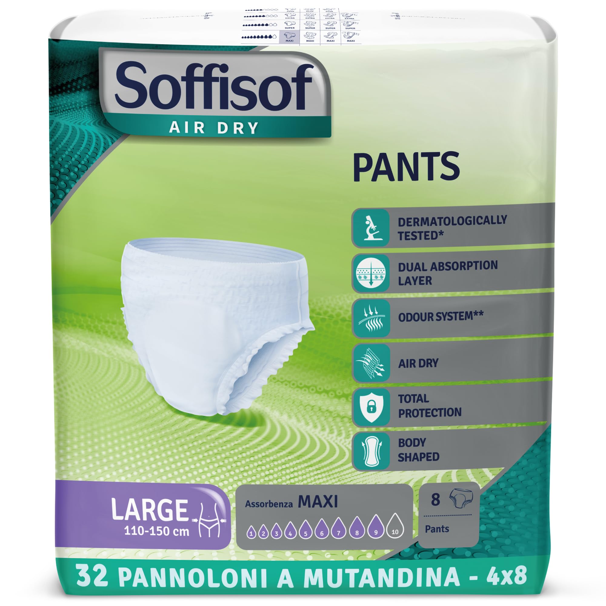 Soffisof Air Dry Pants Maxi L - 32x Pannoloni per Anziani a Mutandina - 4 Confezioni da 8 Pannoloni Notte Super Assorbenti Donna e Uomo - Pants Adulti 9 Gocce - Large (110-150 cm)