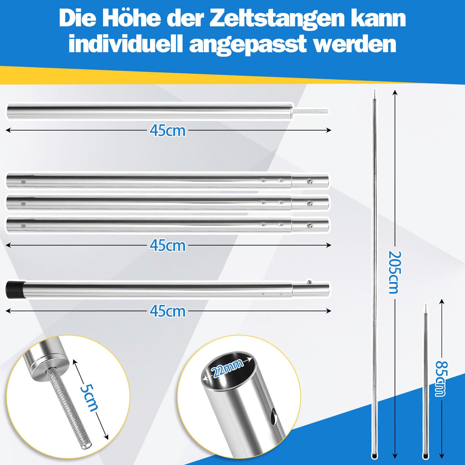 Zeltstange, Zeltstangen Alu Verstellbares von 87.5cm bis 234.5cm,Zeltstangen Teleskop für Camping,Zeltstange mit 3 Segmenten,Teleskopstange für Zelte Tarp,Silber,mit Aufbewahrungstasche