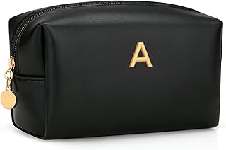 Gifts for Women Bridesmaid Gifts Personalized Initial Makeup Bag PU Leather Cosmetic Waterproof Travel Toiletry Bag (Black A)