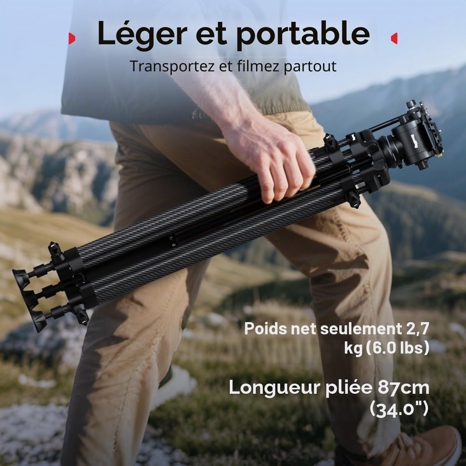 SMALLRIG 73''/185 cm Trépied Vidéo Robuste en Fibre de Carbone, Charge Max 10 Kg, Tête Fluide avec Inclinaison de +85° à -78°, Trépied de Voyage Poid du 2,7 Kg, Hauteur Pliée 87 Cm, AD-14-5441