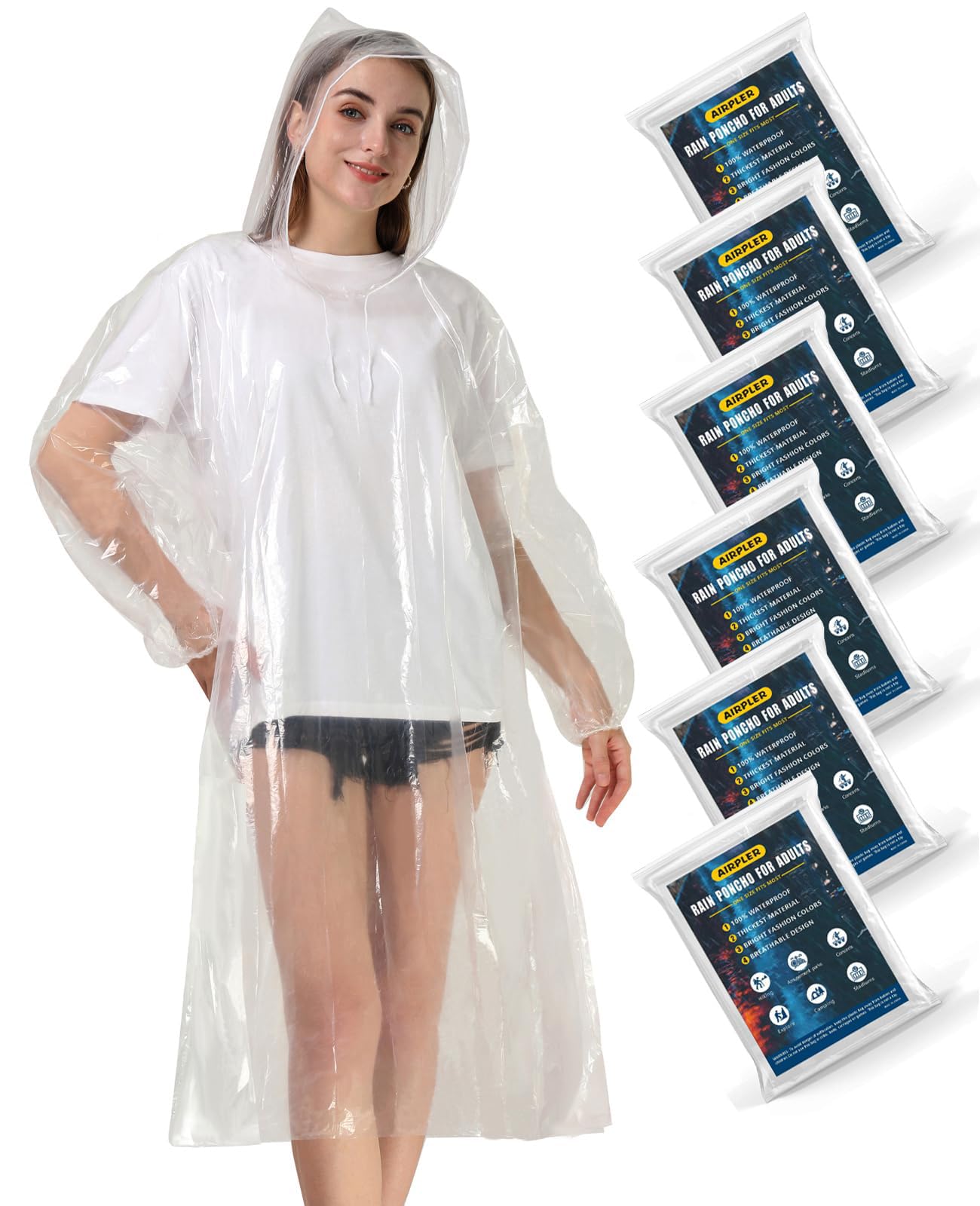 Disposable Rain Ponchos for Adults, Clear Poncho with Hood, Emergency raincoats for Hiking, Camping, Travel