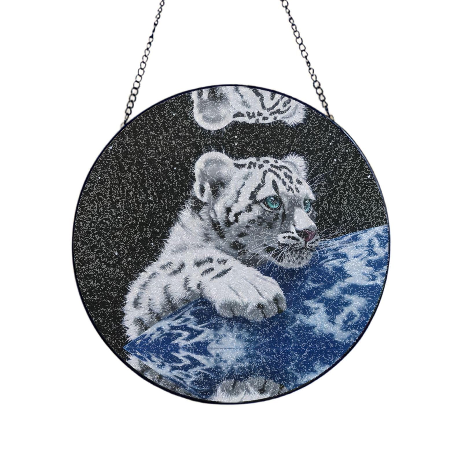 Phayah Little Tiger In Space Print Glass Window Hanging Round Suncatcher Glass Ornament Garden Wall Fence Decorations Indoor Outdoor 4in（10cm）