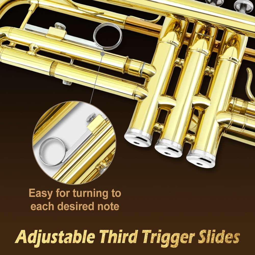 Trumpet Set for Beginners - Includes Gold-Plated Standard Trumpet, Hard Case, 7C Mouthpiece, Cleaning Kit, Gloves. Attractive tone, easy to Play for Students
