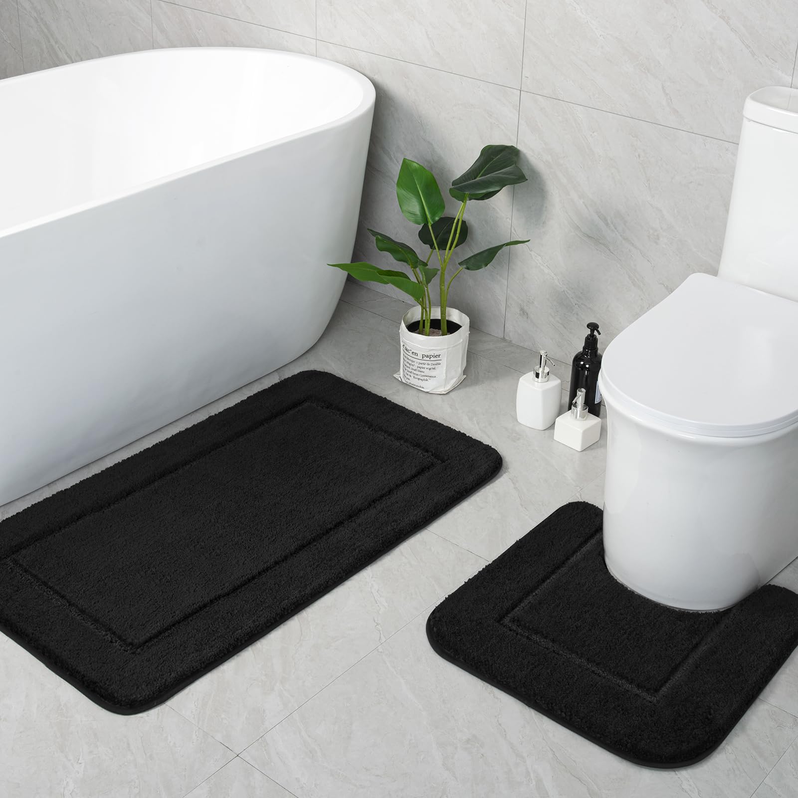 LOCHAS Bathroom Rug Set Black, Soft Bath Rug Set 2 Piece, Toilet Mat U-Shaped 20x20 and 34x20 Bath Rugs, Quickly Dry Mats for Bathroom, Tub, Washable,