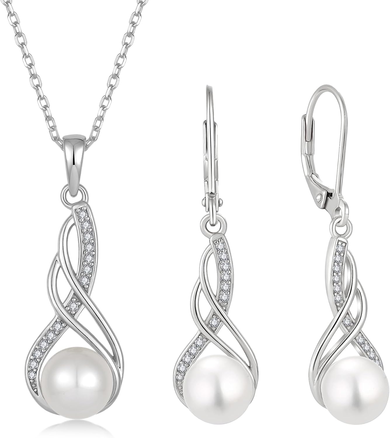 Pearl Pendant Necklace and Earrings Set for Women, Gifts For Women Wife Mother's Day Anniversary, 925 Sterling Silver Infinity Jewelry Set with 8mm Freshwater Cultured Pearl Jewelry White