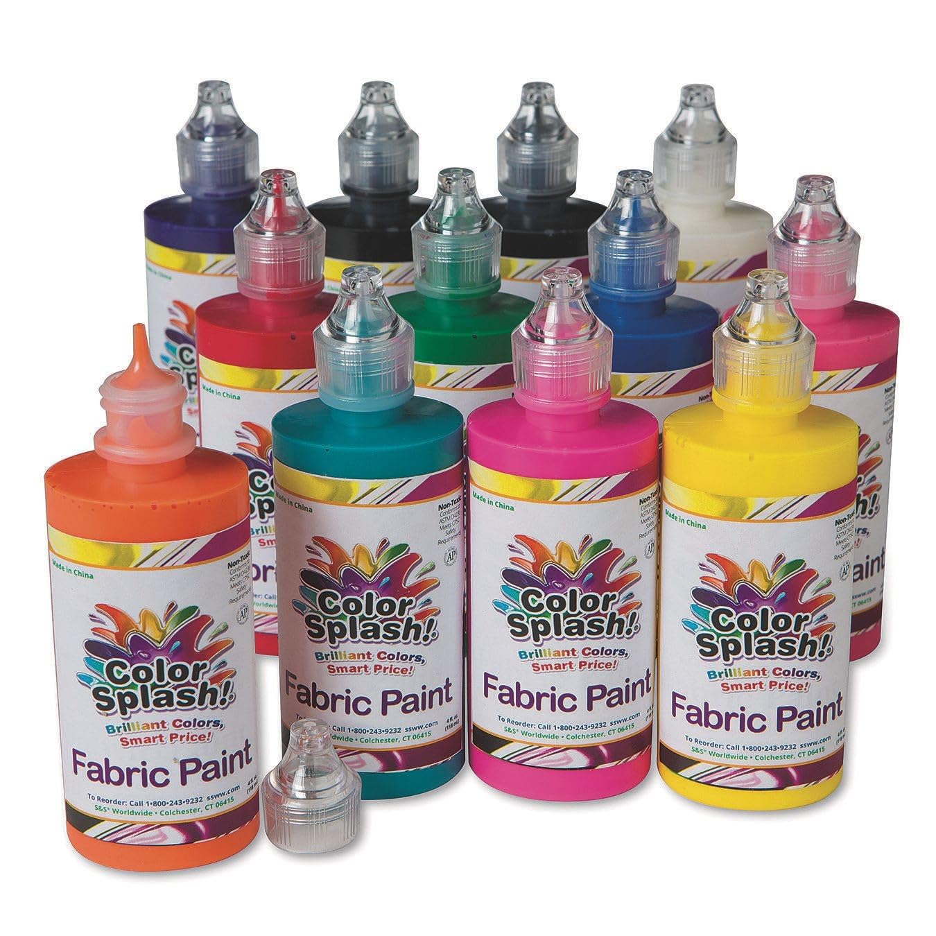S&S Worldwide Color Splash! Dimensional Fabric Paint Assortment, 12 Bright Colors in 4-oz Squeeze Bottles With Precision Tips, Create 3-D Designs on Fabric, Vinyl, Wood, and More, Non-Toxic Pack of 12
