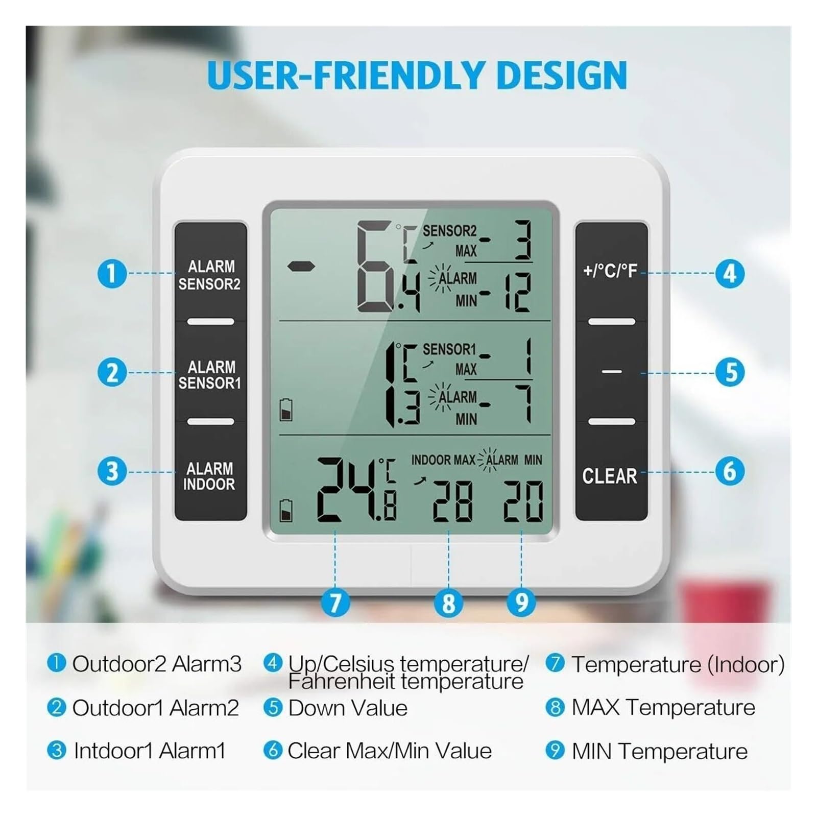 Thermomètre De Réfrigérateur LCD, Alarme Sonore Numérique, Compteur De Réfrigérateur Avec 2 Capteurs De Température, Affichage Min/Max, Intérieur Et Extérieur Moniteur Précis