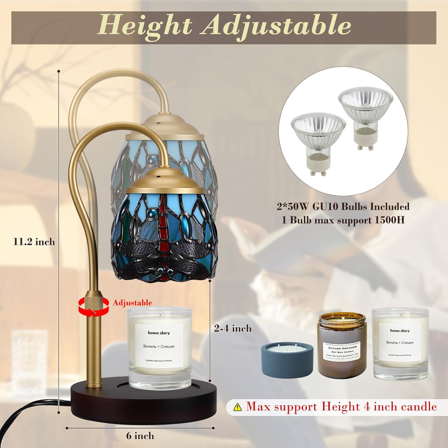 Candle Warmer Lamp Tiffany Style Dragonfly, with Timer Dimmer Adjustable Height, Stained Glass Candle Warmer Lamp with 2 Bulbs, Vintage Home Decor Gift, Wax Melt Warmer for Scented Jar Candles