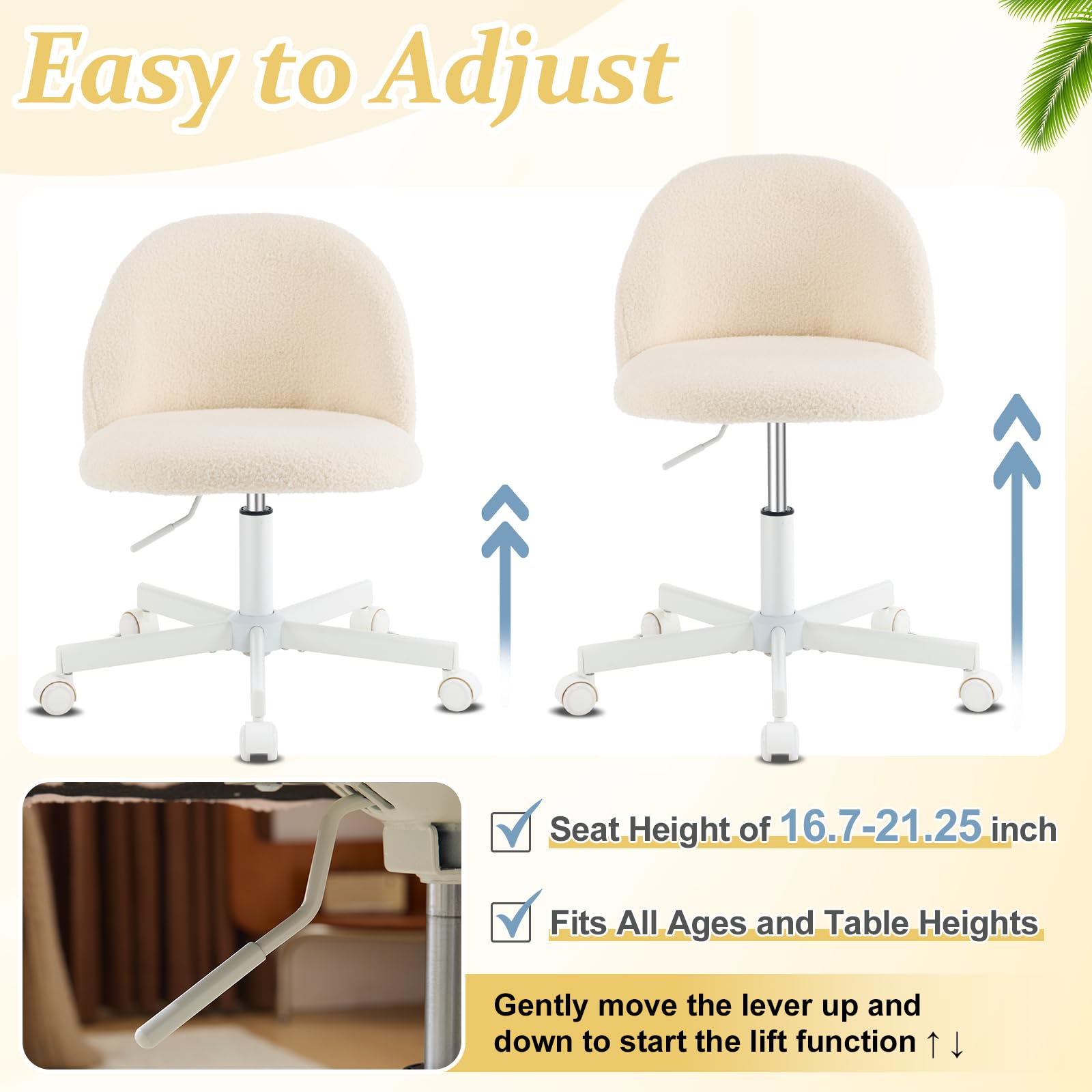 Bonnlo Bürostuhl mit Rollen, Schminktisch Stuhl, Höhenverstellbar Schreibtischstuhl für Arbeitszimmer, Schlafzimmer, Homeoffice, Teddystoff (Beige)