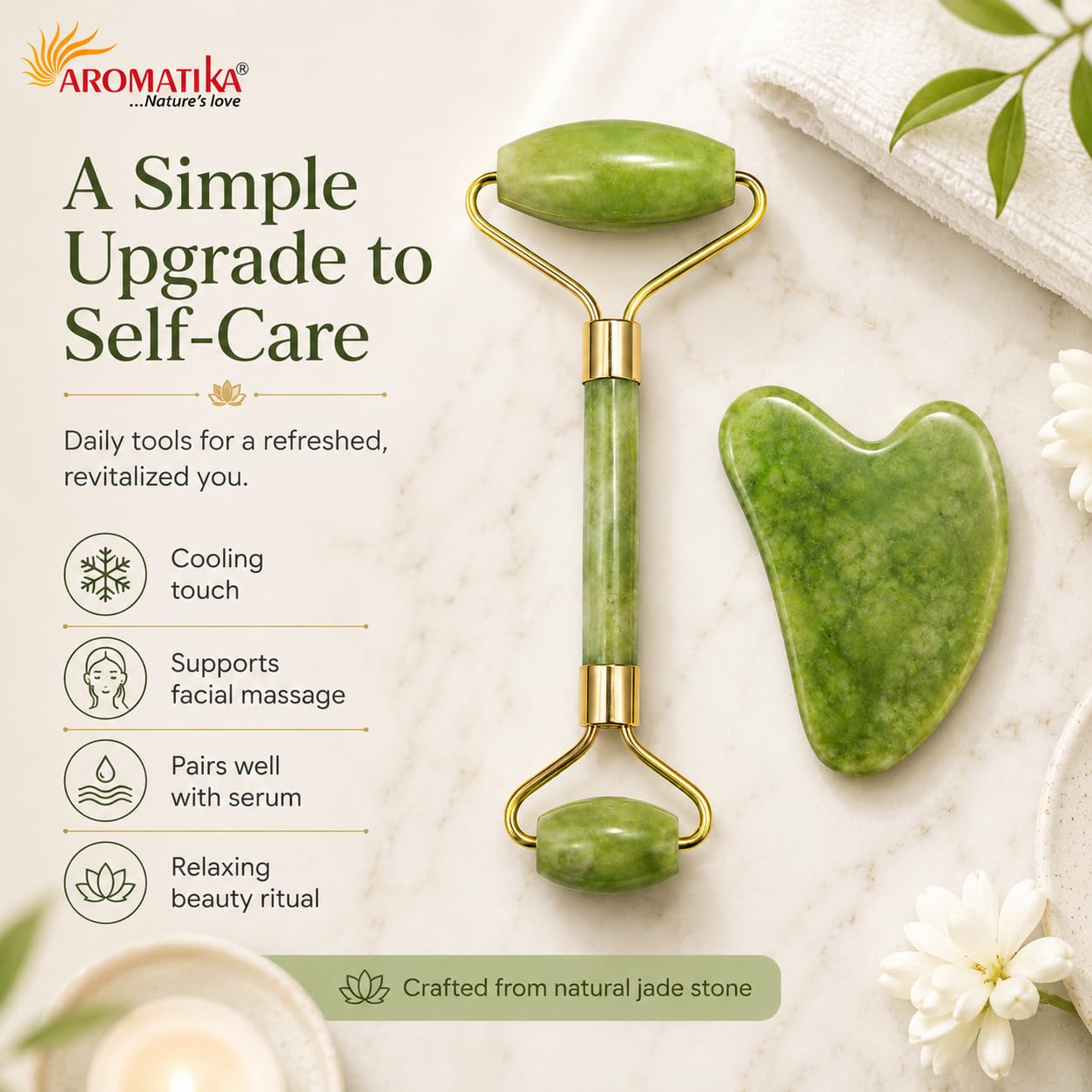 Aromatika Jade Roller & Gua Sha Set – Natural Himalayan Green Jade Facial Massage Tools for Face, Neck & Eyes – Cooling Skin Care, Reduce Puffiness & Support Relaxation