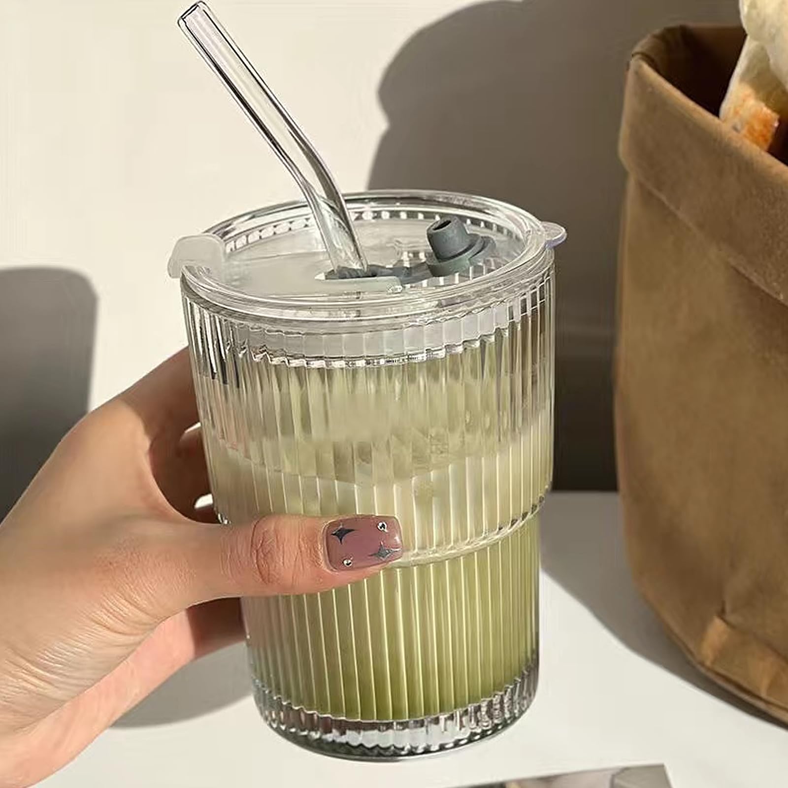 Szklanki do picia z pokrywką i słomką, zestaw 6 szklanek do picia, 400 ml, szklanki do herbaty, smoothie, kubki do kawy, kubki szklane, kubki do kawy mrożonej, szklanki do picia ze słomką do soku,
