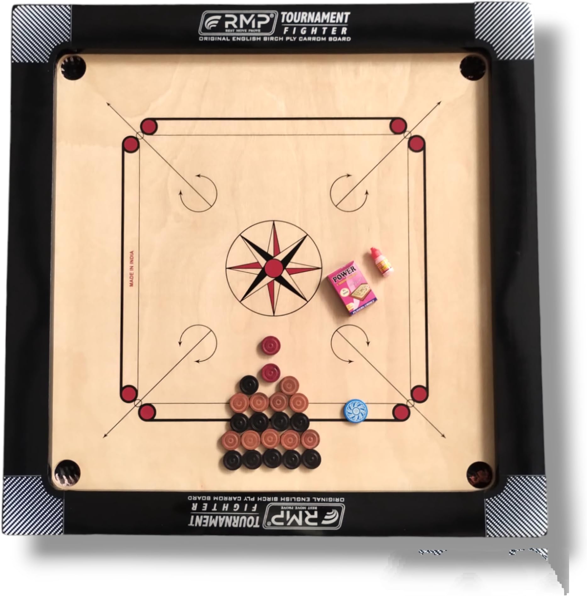 RMP Champion Carrom Board - 36 Inch Full Size for Adults, Glossy Finish, Smooth Surface With Coins, Striker and Magic Boric Powder