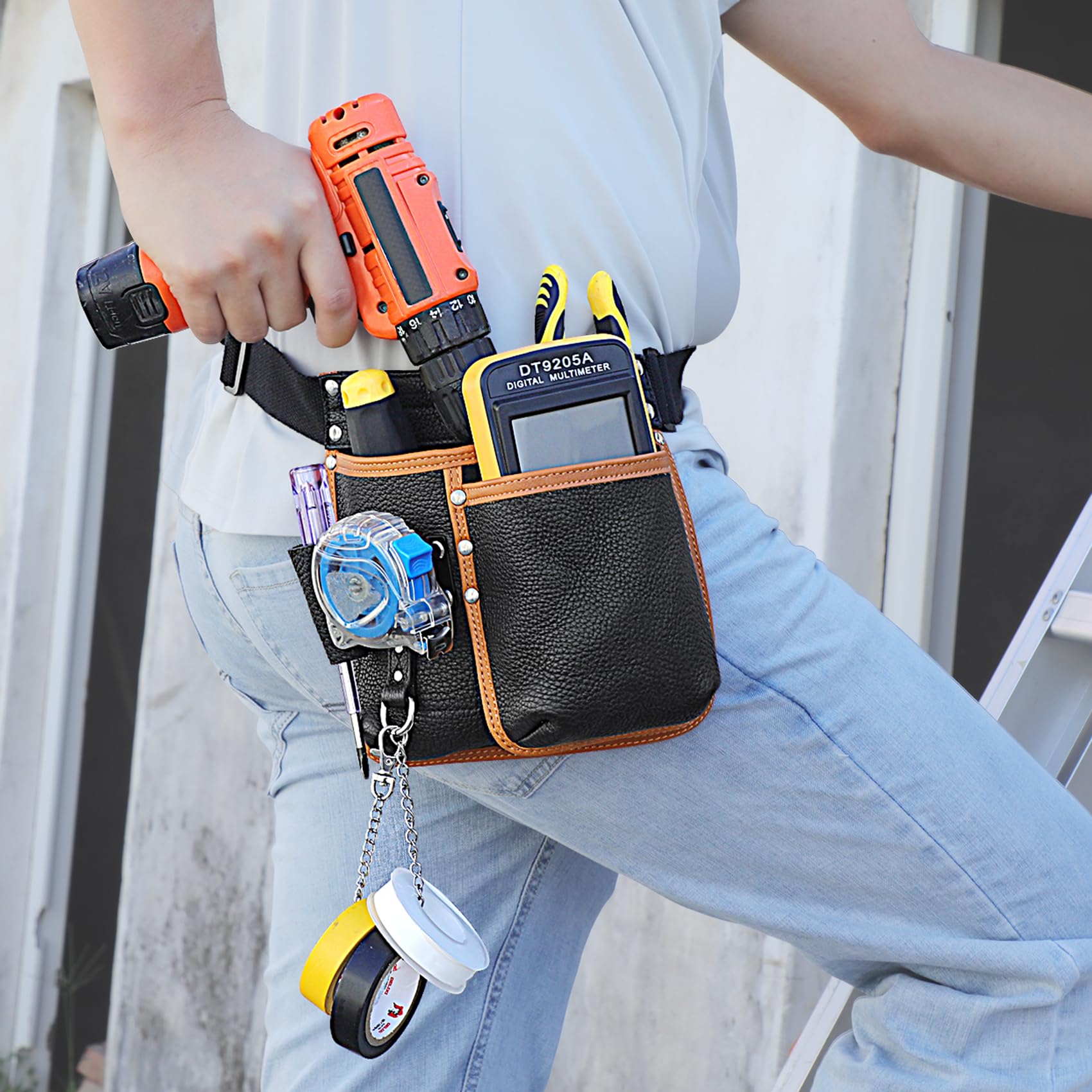 Ceinture Porte Outil Bricolage,Ceinture de Travail Homme Chantier,Sacoche Outils pour Électriciens,Préposés à L'entretien,Constructeurs,Encadreurs,Cuir Véritable,Noir