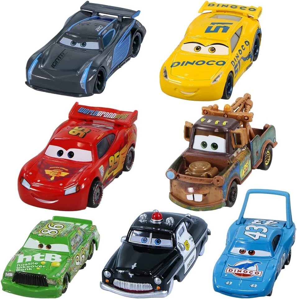 Emakefun 7Pcs Cars Movie Toys 2 3 Mcqueen Mater Chick Hicks Cruz Sheriff The King Jackson Car Diecast Toy Set For Kids Boys, Multicolor
