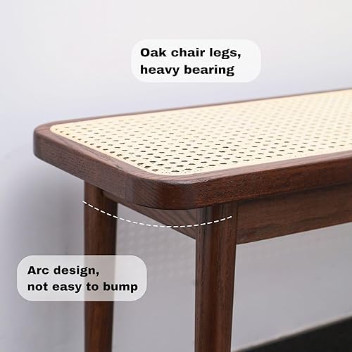 Miniatura 7 de Banco de comedor de ratán natural de 47.2 pulgadas con marco de banco de madera de roble 100% macizo, otomana para zapatos al pie de la cama para