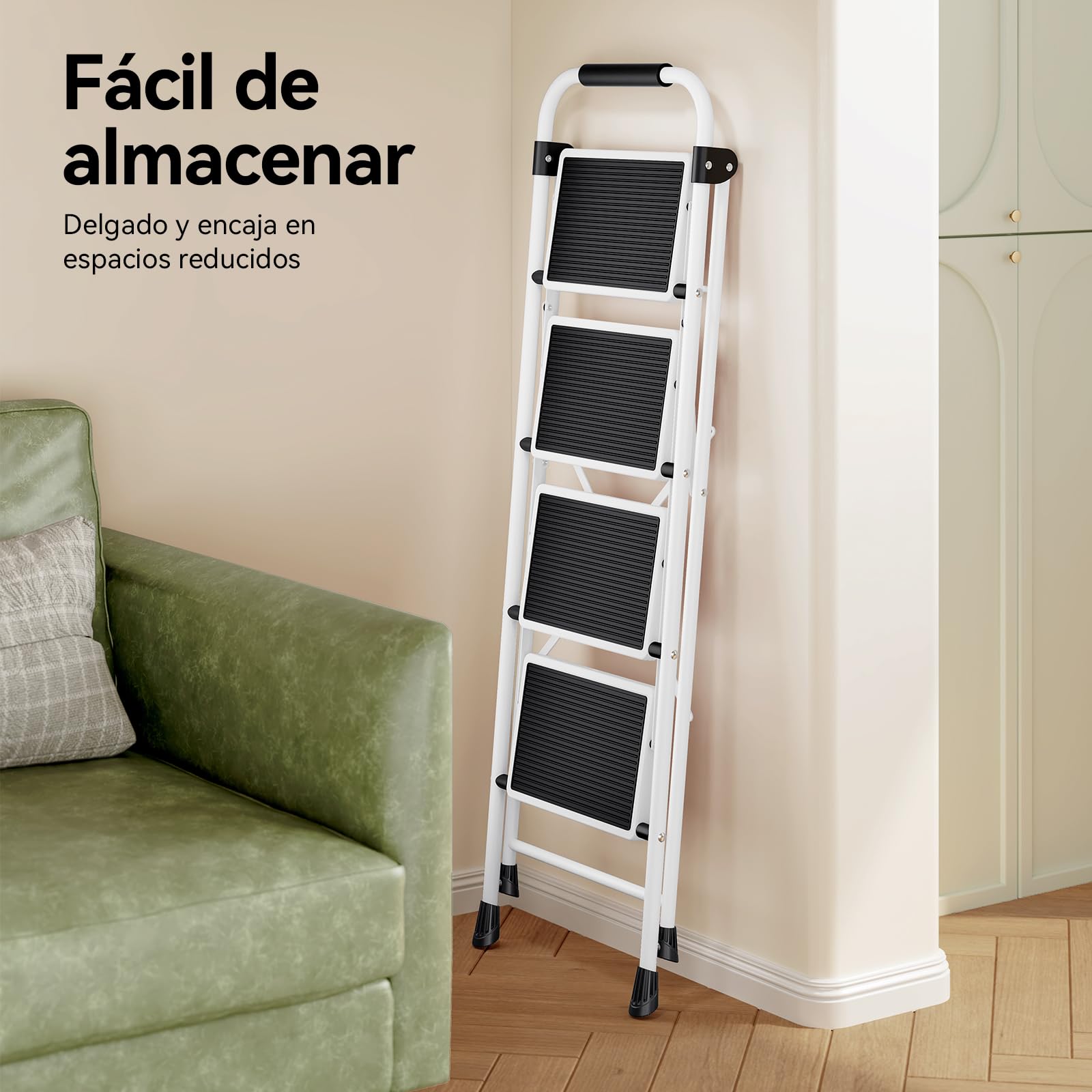 KINGRACK Escalera Plegable 4 Peldaños, Escalera de Tijera con Pedales Antideslizantes Anchos, Barandilla, Escalón Taburete de Acero Portátil Uso Hogar Cocina Oficina, Carga hasta 150 kg, Blanco