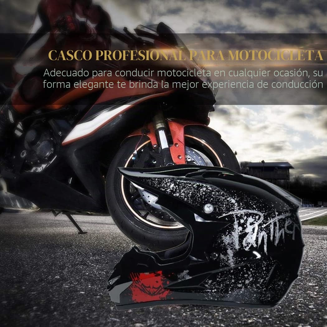 Casco Moto Integral ,Casco Motocross Infantil Tema de Diseño de Impresión en Negro,Casco de Cross Cascos Enduroincluye 4 Tamaños de Forro de Casco Certificación Dot