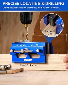 DAYDOOR Self Centering Doweling Jig, Adjustable Width Dowel Jig for Straight Holes, Biscuit Joiner Set with 6 Bushings and 3 Drill Bits(Blue)