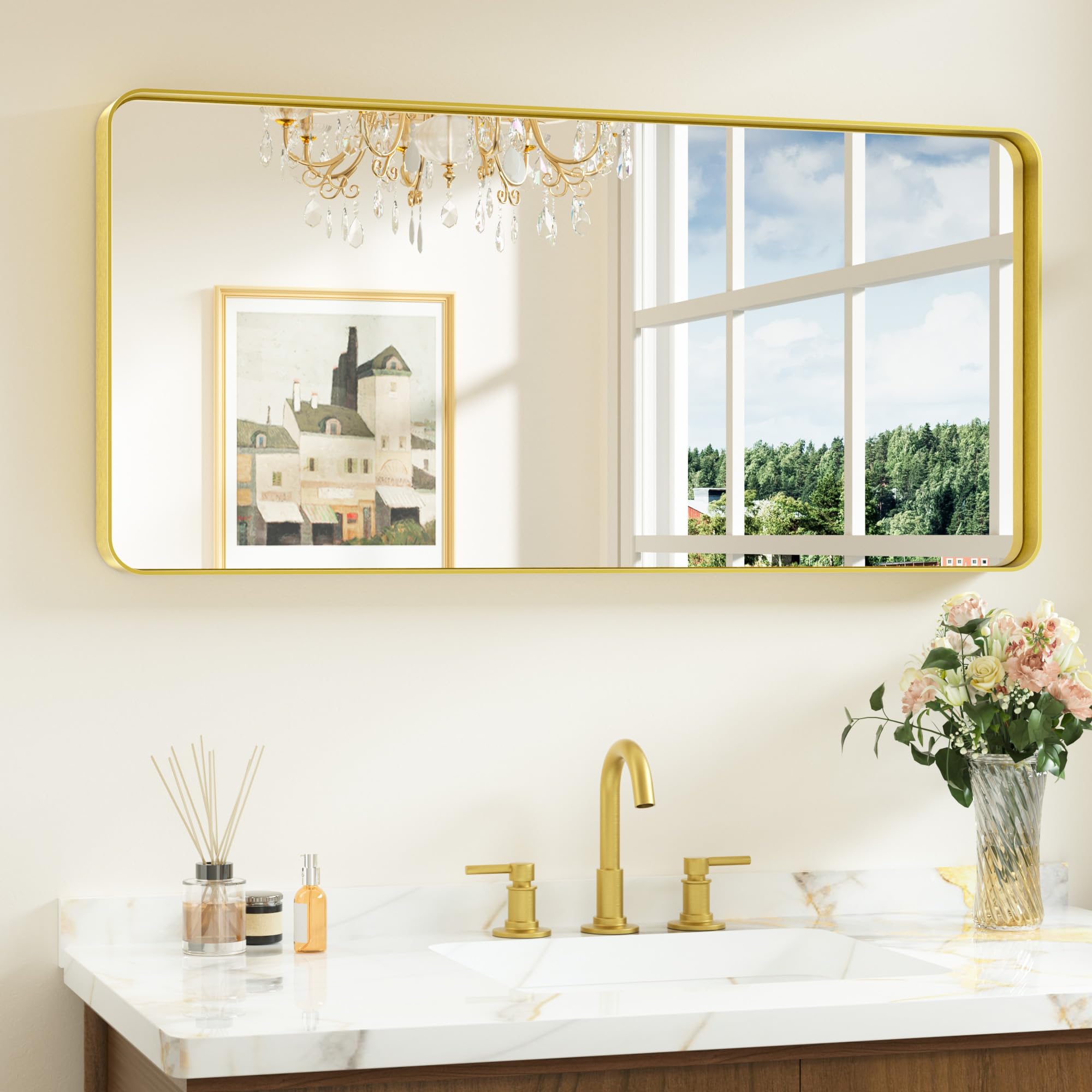 Keonjinn 42 x 20 Inch Brushed Gold Bathroom Vanity Mirror, Tempered Glass