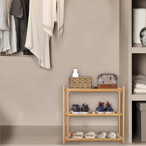 Miniatura 6 de Zapatero pequeño, organizador multiusos de 3 niveles, estantes pequeños de bambú para zapatos, plantas, libros, sala de estar, pasillo, dormitorio,