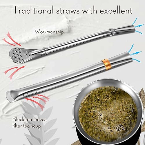 Miniatura 4 de ABM&Y Juego de tazas de yerba mate, calabaza de yerba mate con 2 bombillas, juego de tazas de té, cepillo de limpieza de 8 onzas, acero inoxidable,